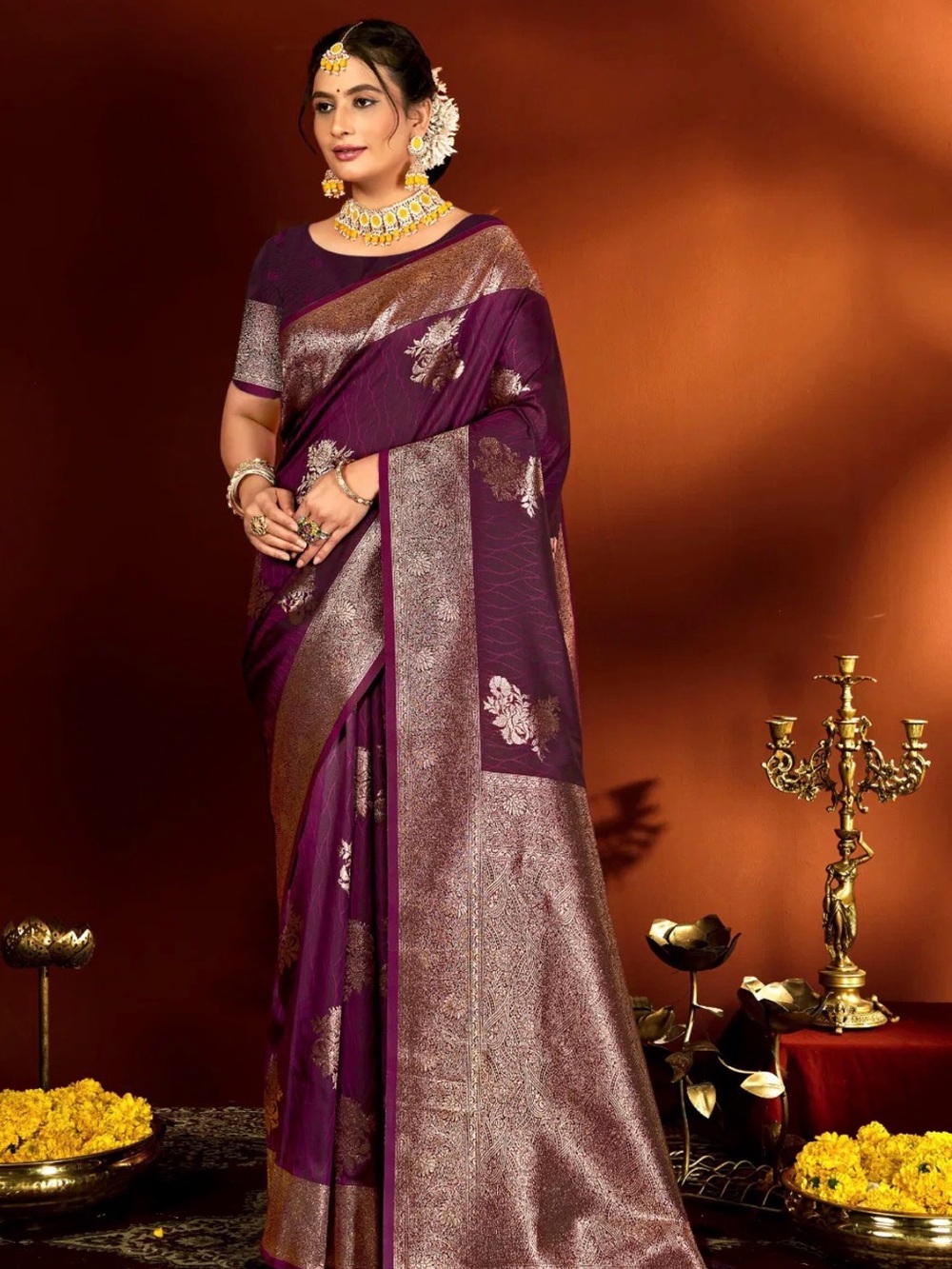 Elegant Handlook Purple soft Silk Saree with Golden Zari Detailing